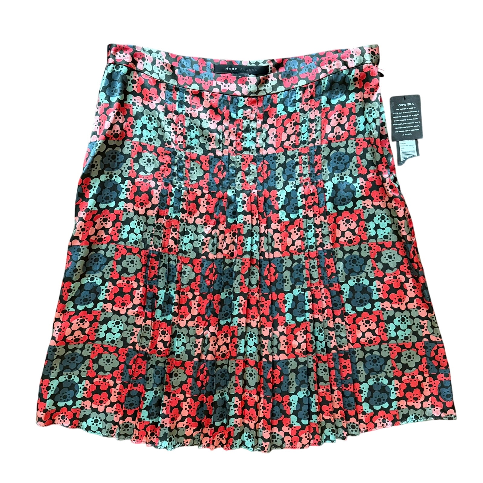 Marc Jacobs 100% Silk Pleated Floral Skirt Black Multi A-Line Y2k Size 6